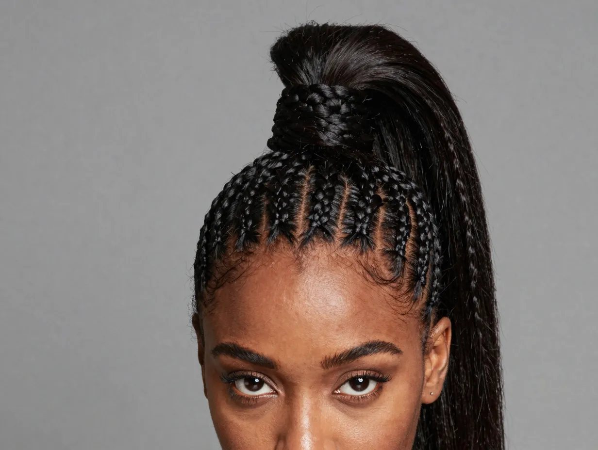 Sleek high ponytail from precision cornrows on crown
