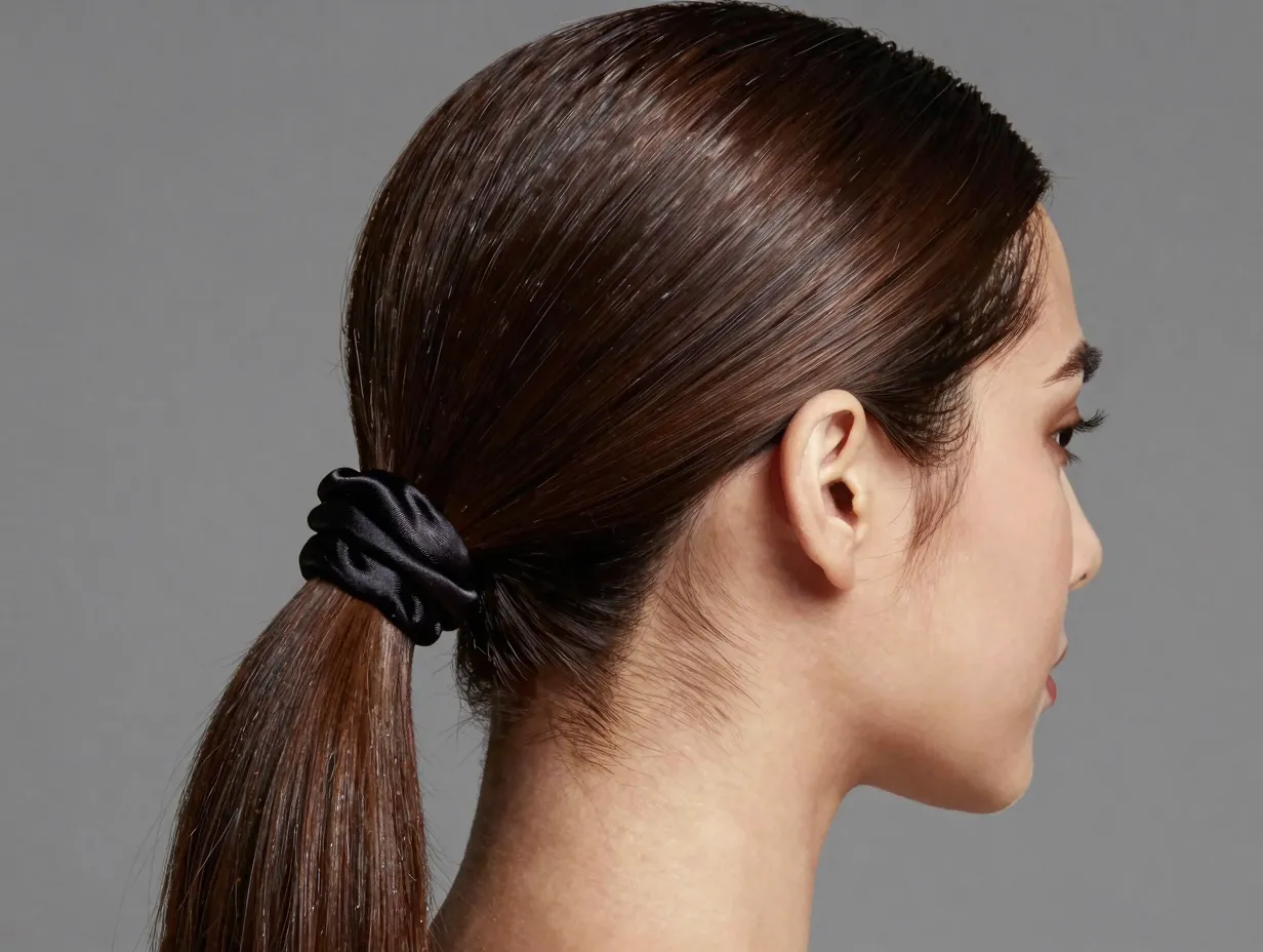 Sleek low ponytail with hidden hair tie and satin scrunchie