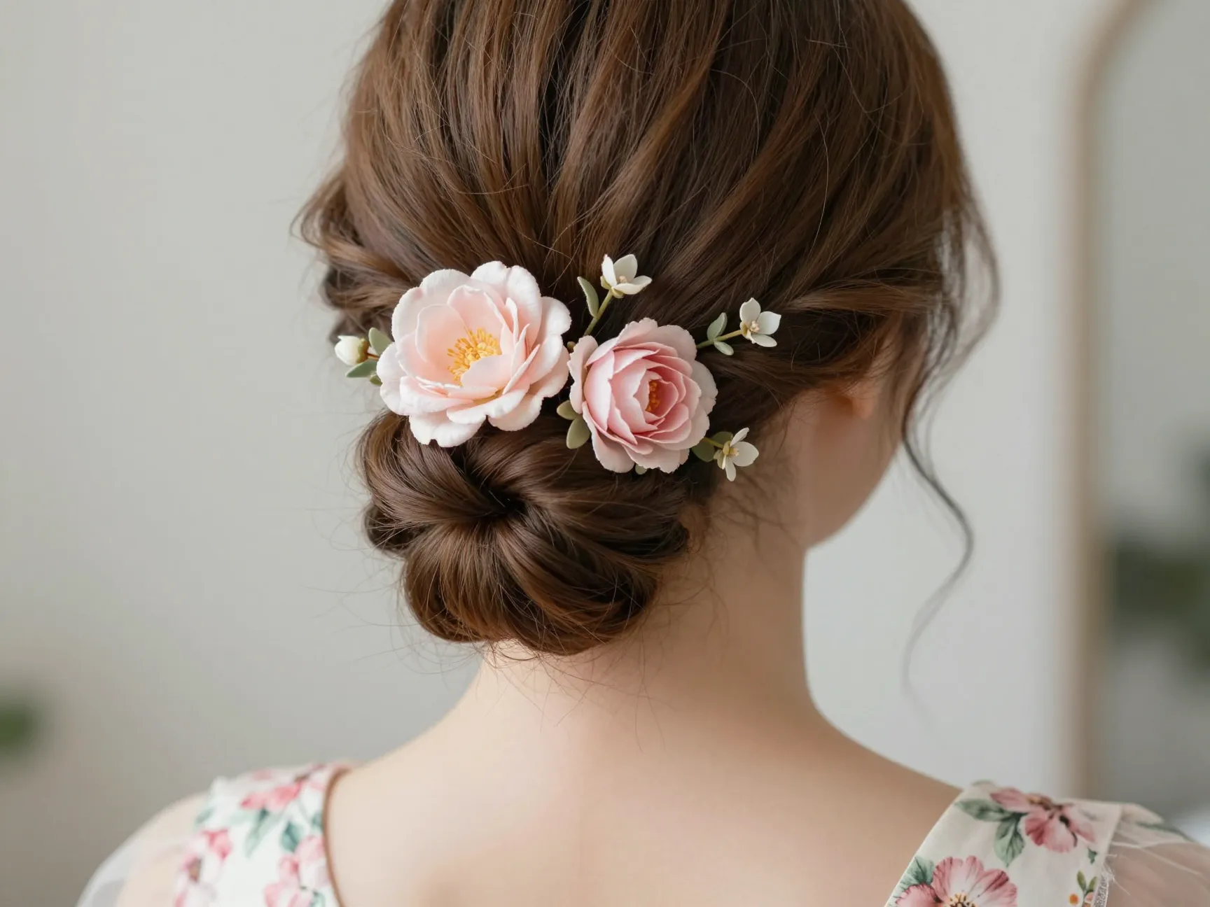 Twisted low bun with real silk flowers and soft romantic texture