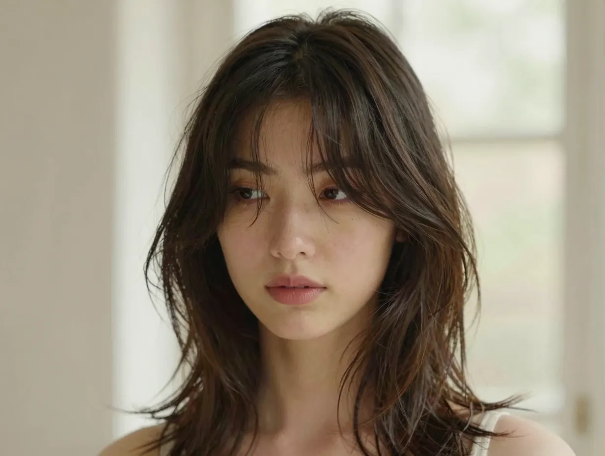 A model with curtain bangs and mid length cheek level layers