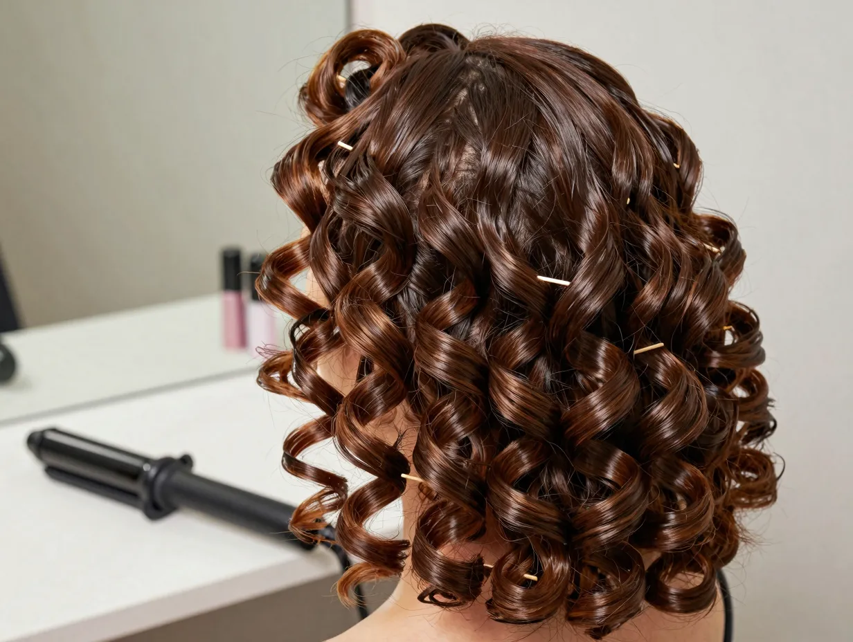Defined spiral curls styled with a narrow barrel curling iron
