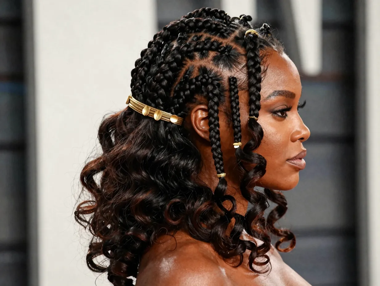 Sculptural goddess braids with cascading curls crown updo