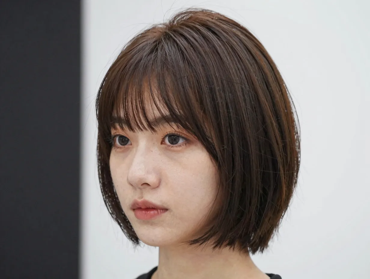 Short butterfly bob with wispy fringe grazing eyebrows
