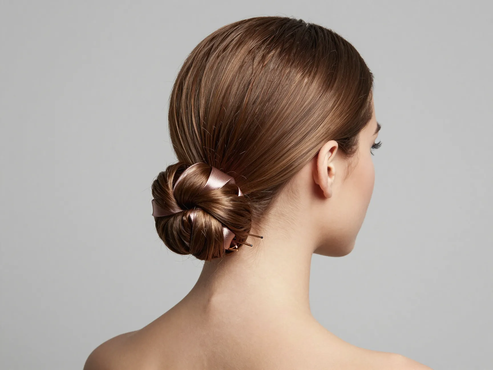 Sleek low chignon with decorative satin ribbon hair wrap