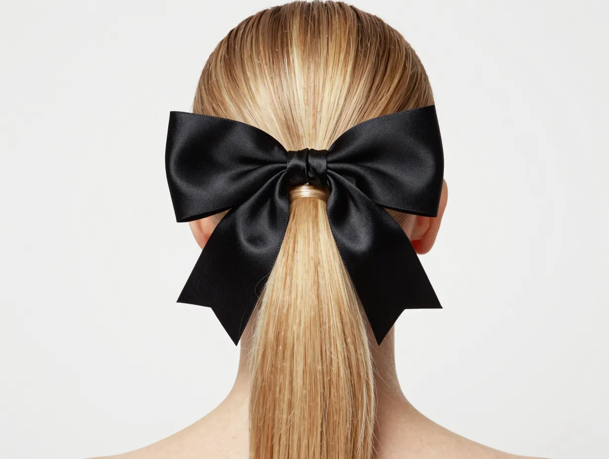 Sleek low ponytail with large black satin bow at nape
