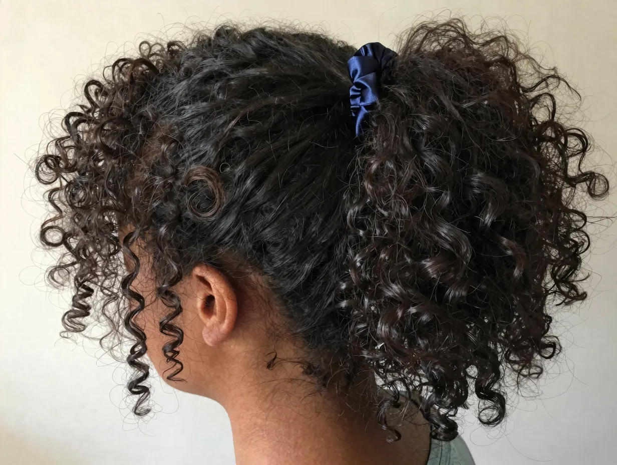 Voluminous rounded puff ponytail at the nape of the neck