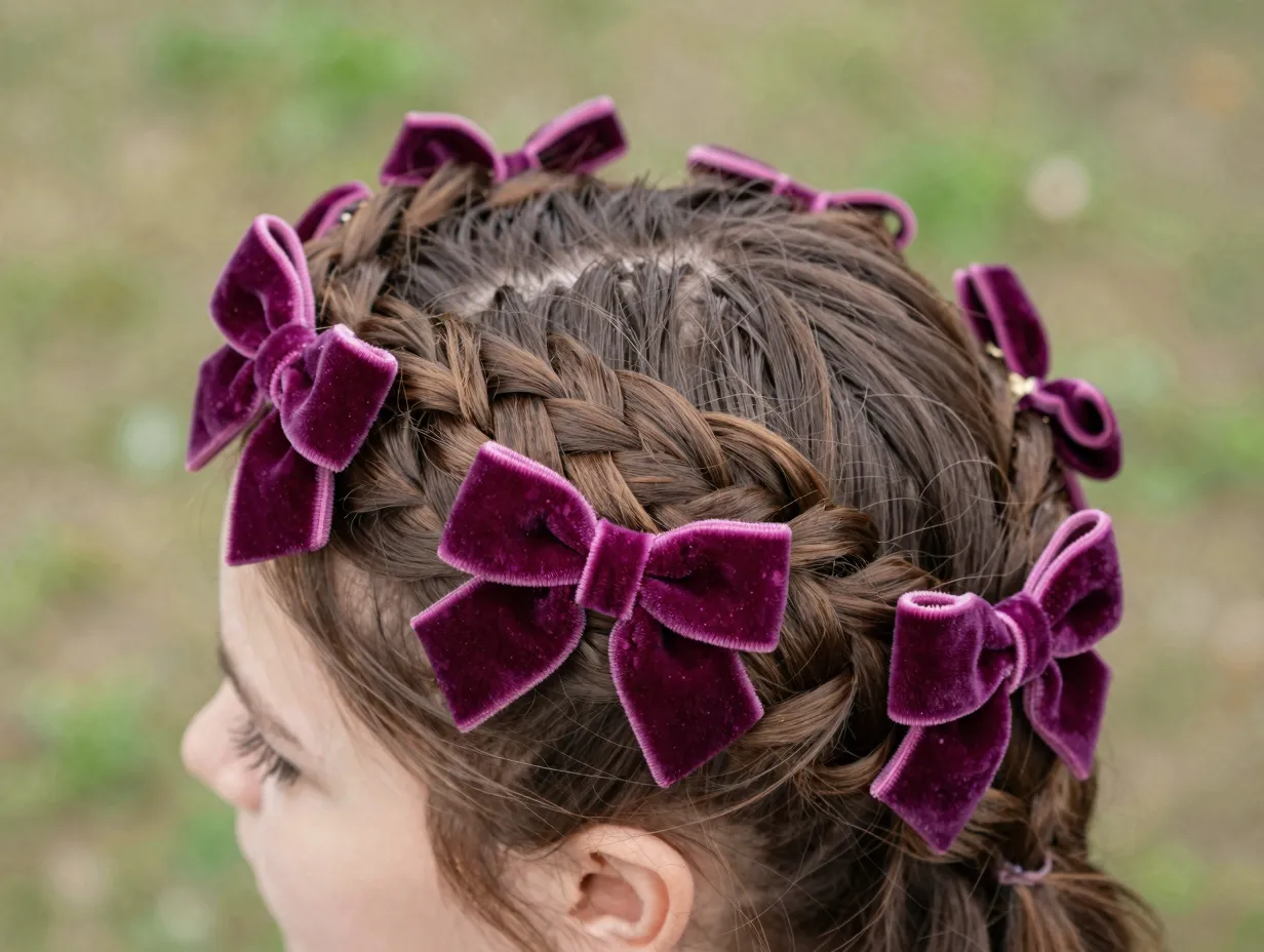 Braided hair crown with three mini velvet bow accents