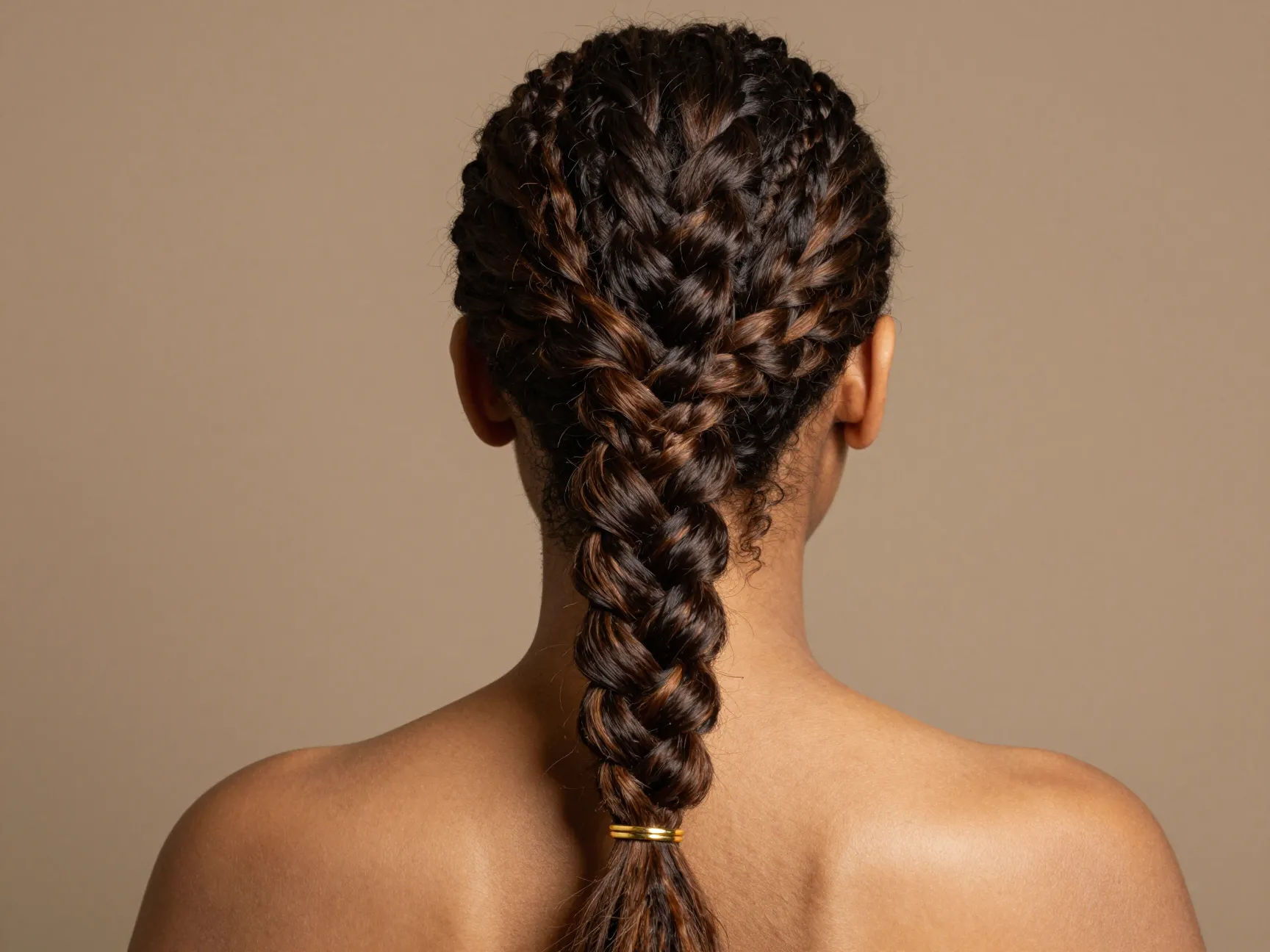 Braided low ponytail with a single braid wrapped around base