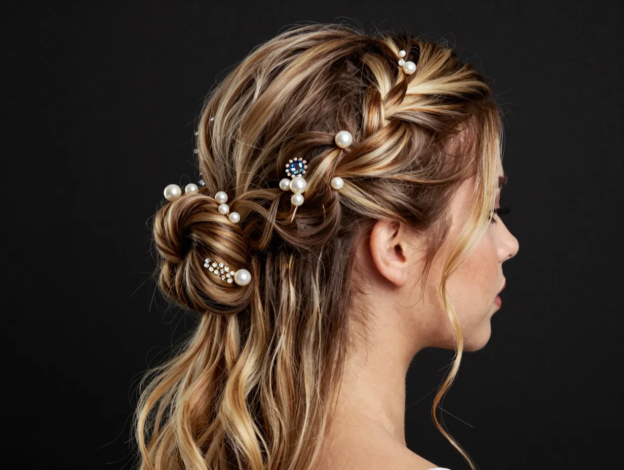Double twisted half up bun with highlighted hair and gemstone pins