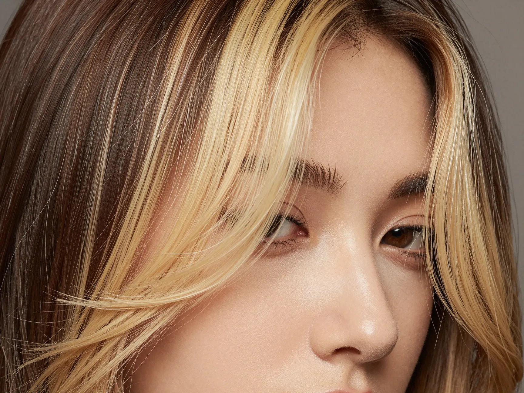 A close up of blonde money piece highlights framing a womans face