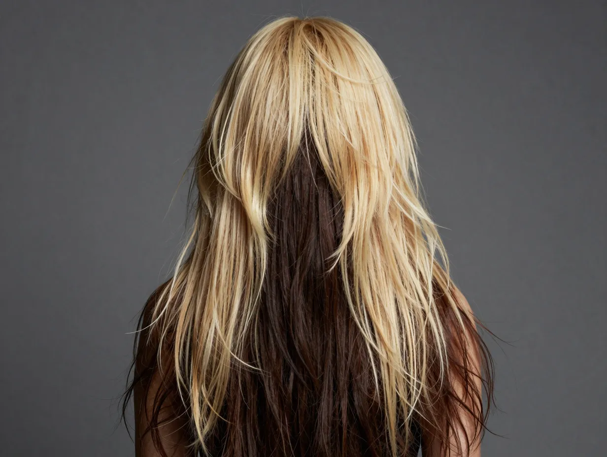 Chunky blonde money piece on dark brown long hair