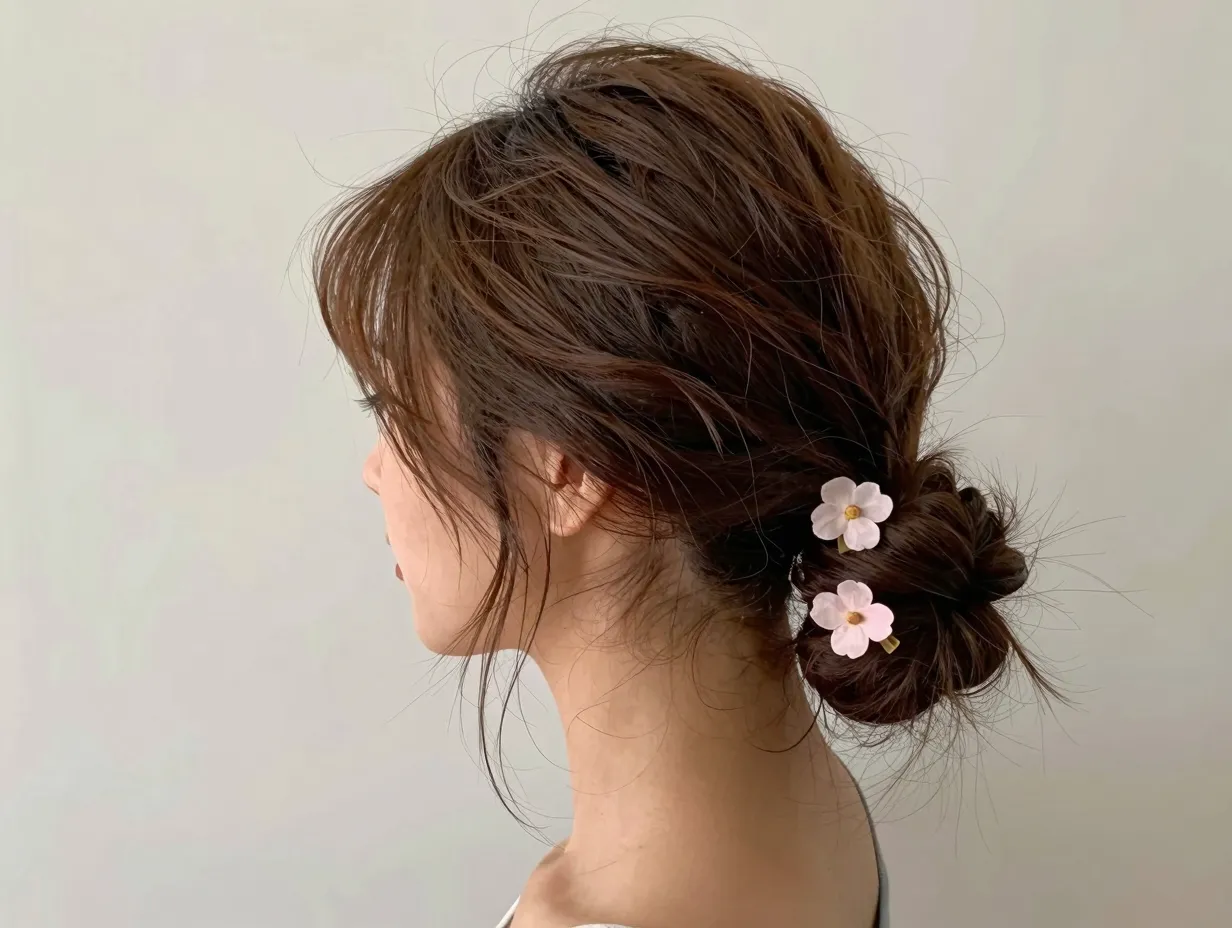 Messy low bun with wispy face framing layers and flower clips
