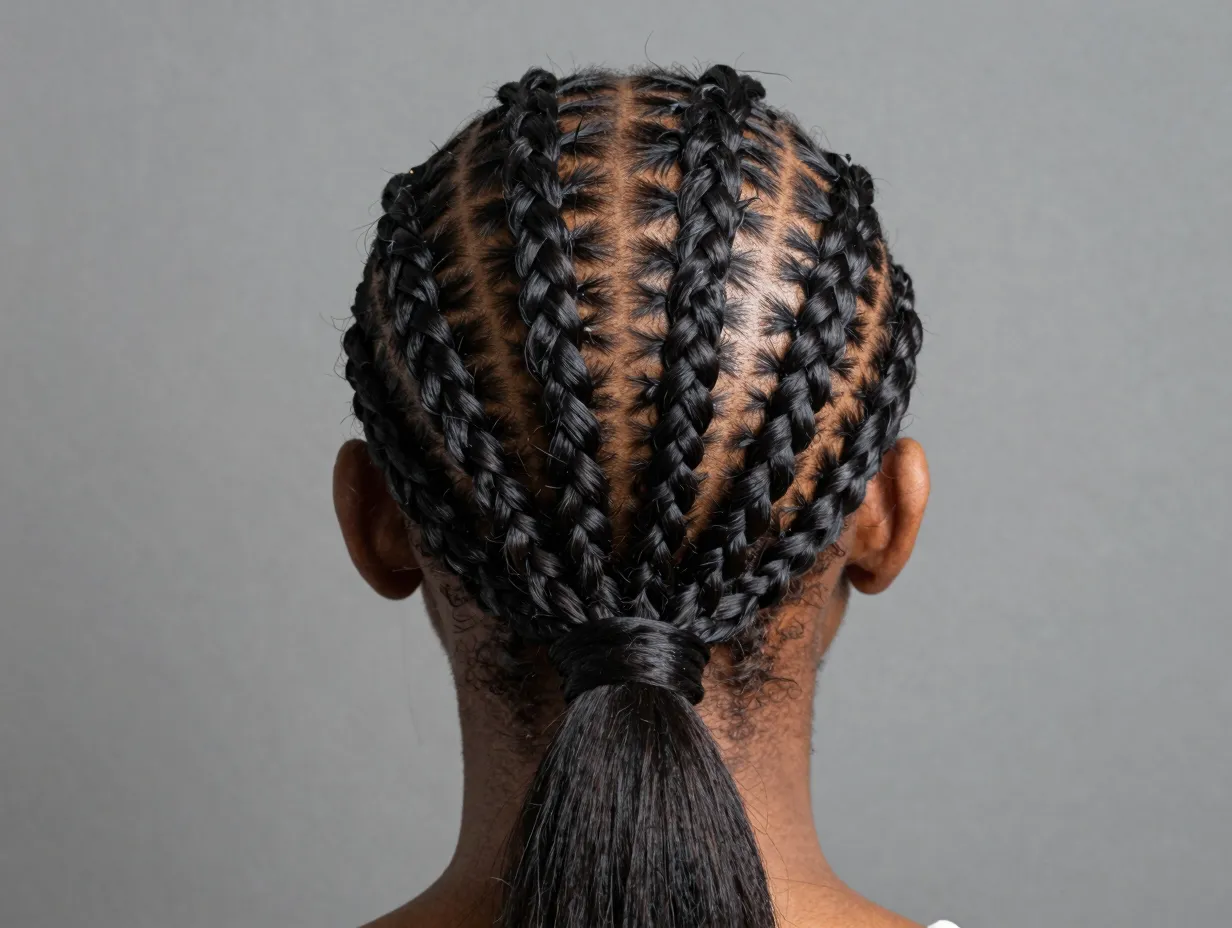 Modern curved cornrow pattern converging into low ponytail