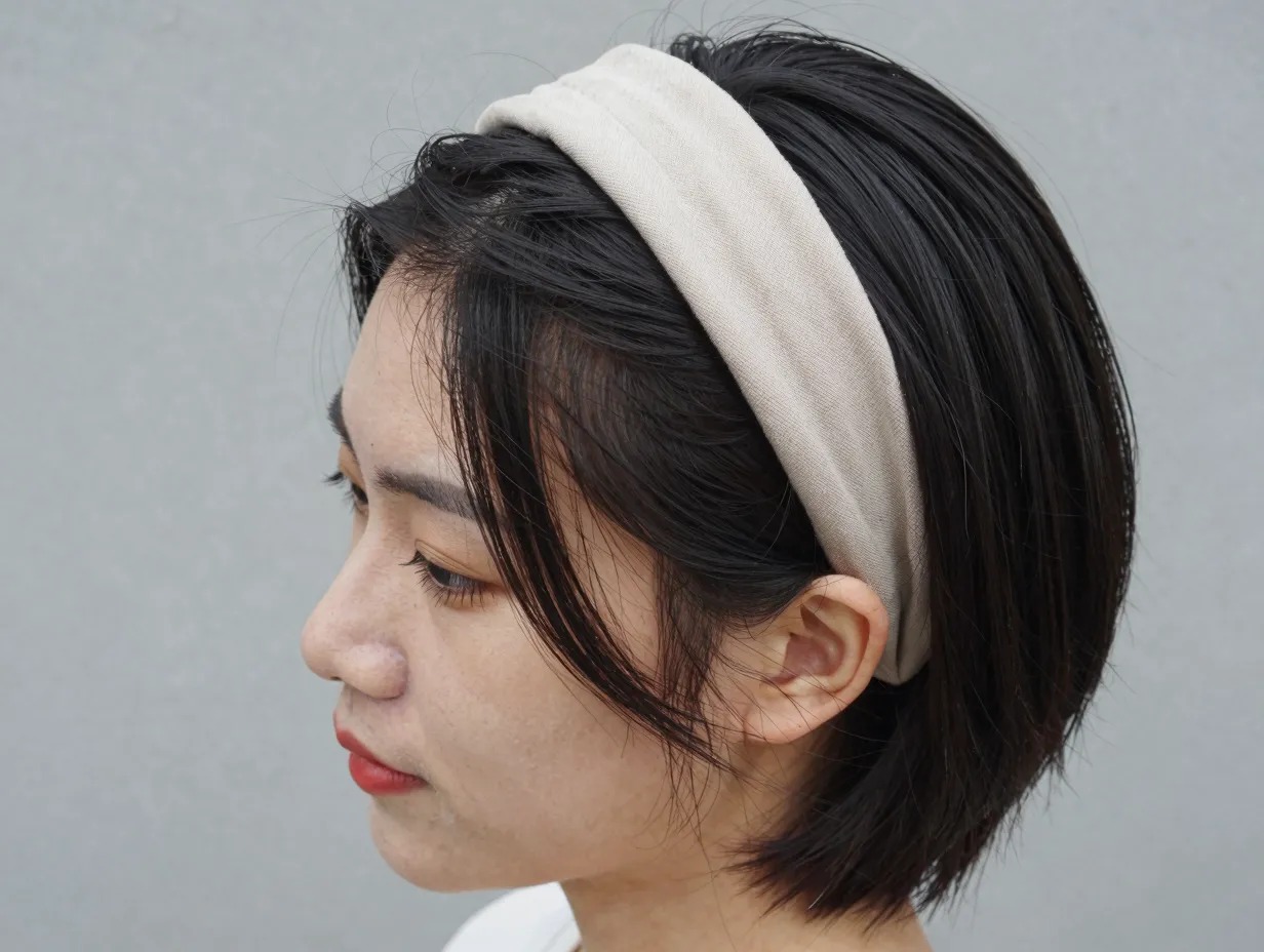 Side part headband style short bob asymmetrical accessory placement