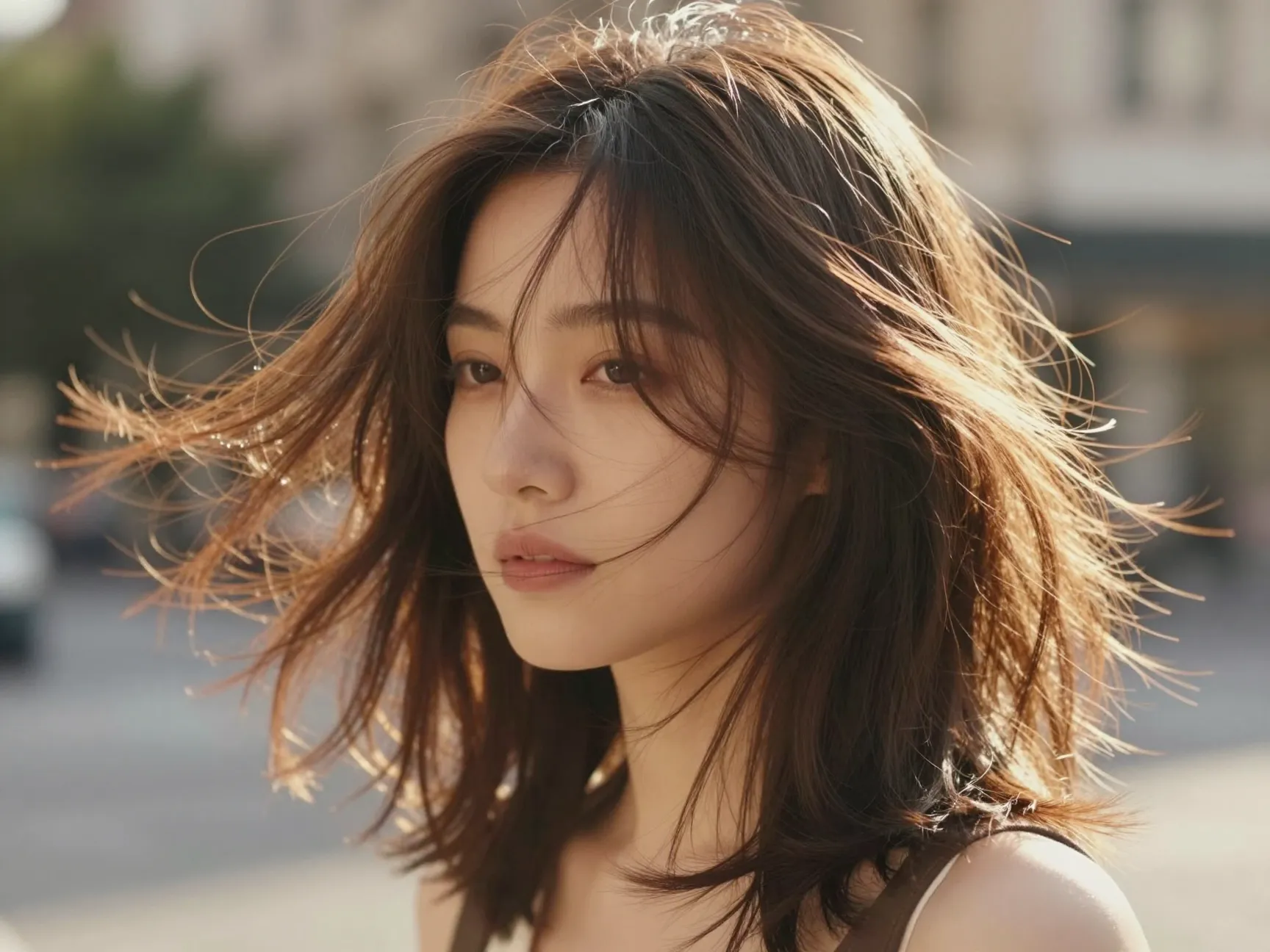 A woman with wispy butterfly layers moving in a gentle breeze