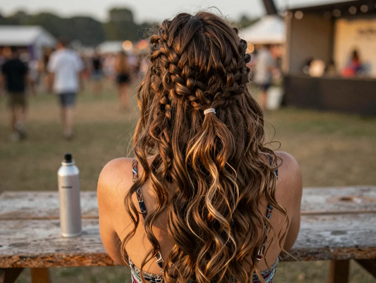 Bohemian braided hair sections combined with loose wavy curls