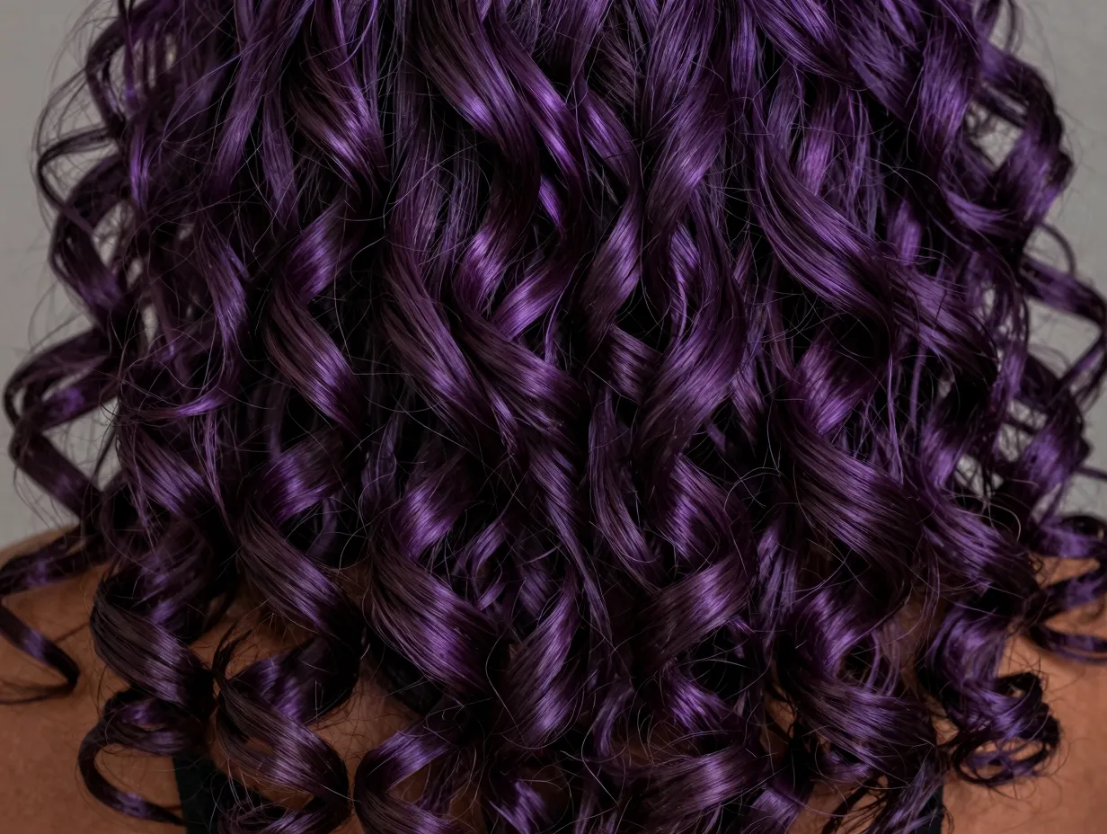 Deep plum jewel toned purple curls cool skin dramatic volume