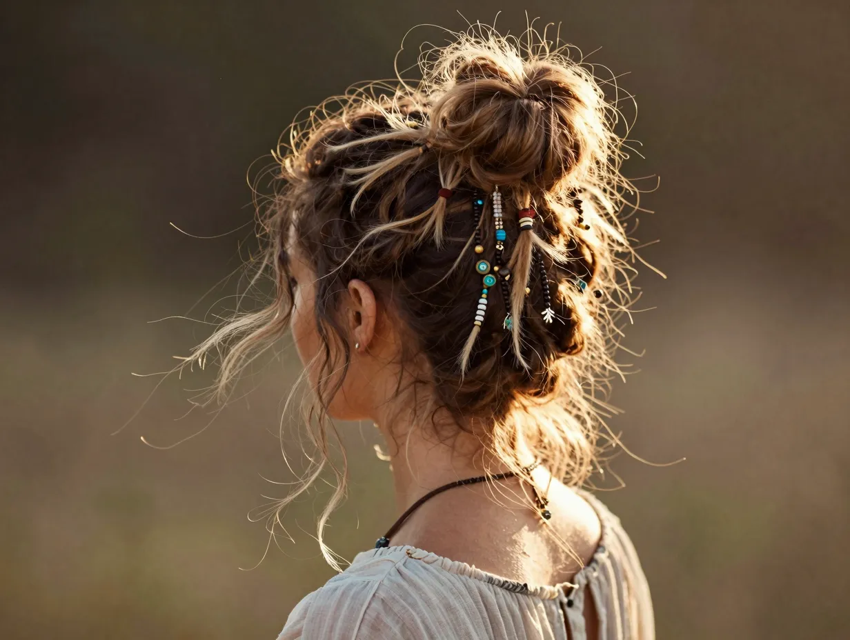 Messy boho bun with tousled textured strands and beaded accessories