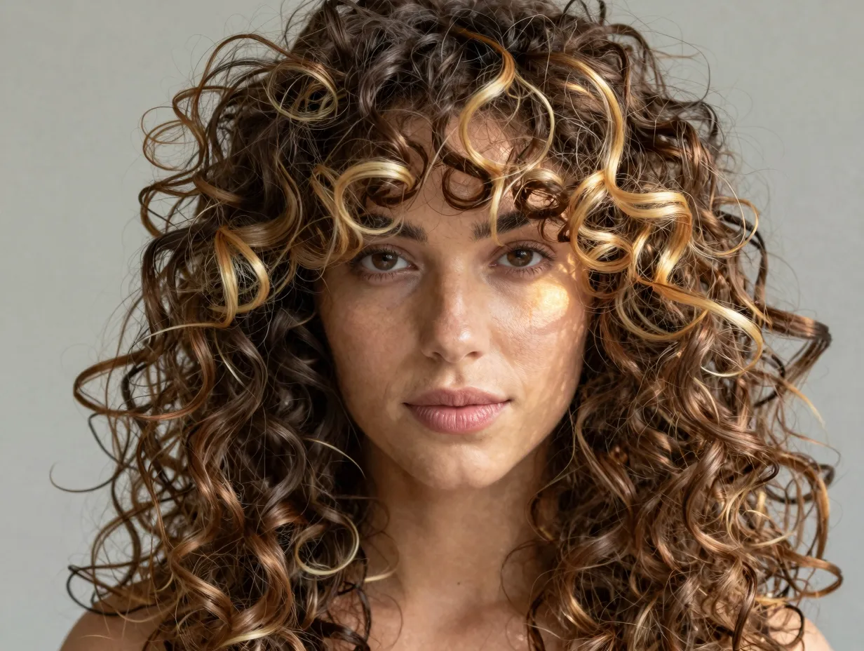 Subtle barely there blonde halo on curly brown hair
