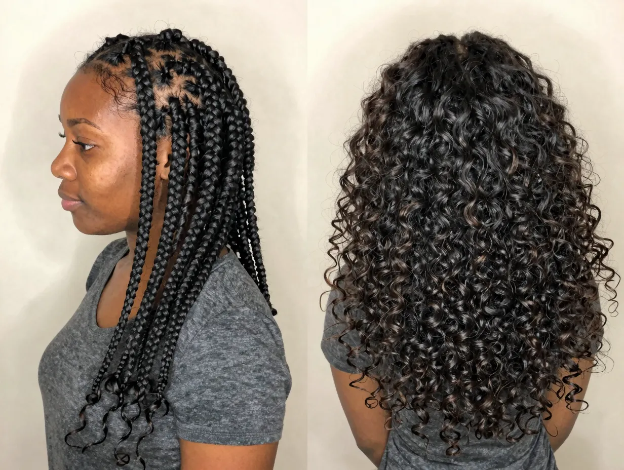 Two large cornrows transitioning into loose curly hair ends