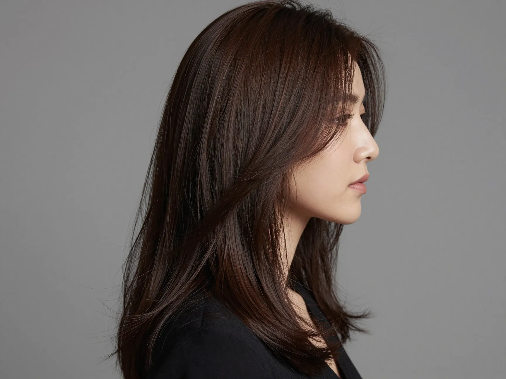 A person with long hair and cheekbone level framing layers turned to the side