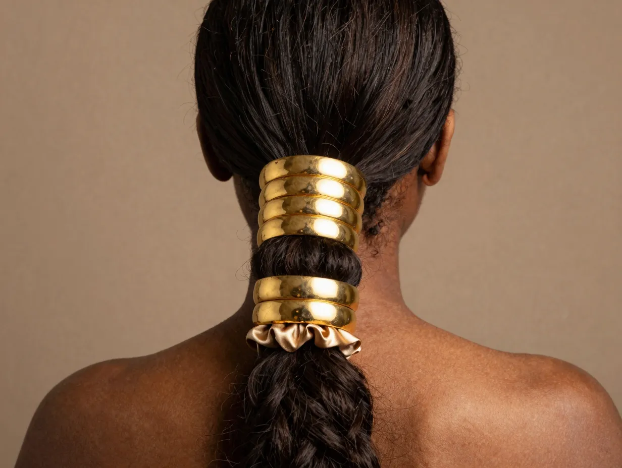 Basic low ponytail accessorized with gold hair cuffs