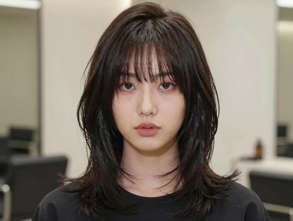 Butterfly cut for thick hair with side swept wispy bangs