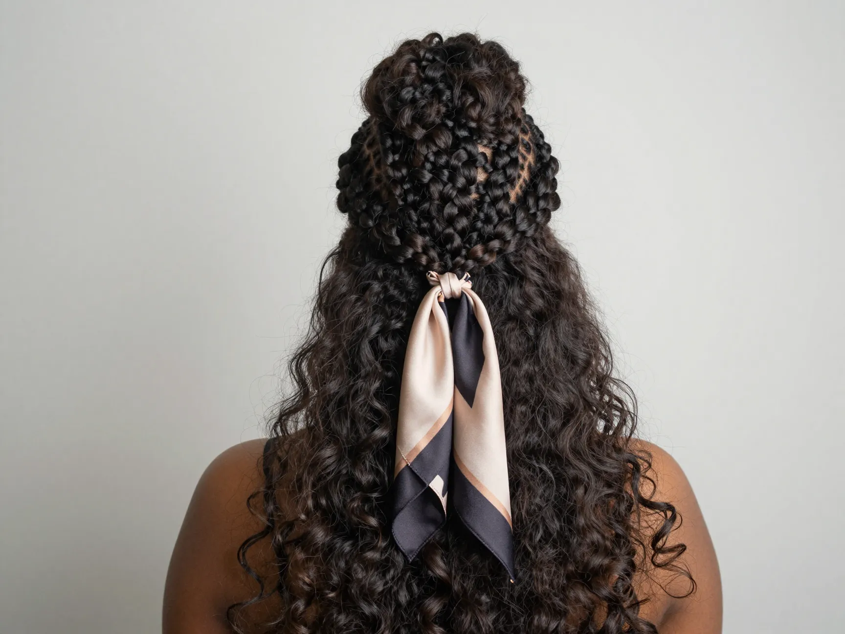 Half updo with cornrowed top section and loose bottom curls