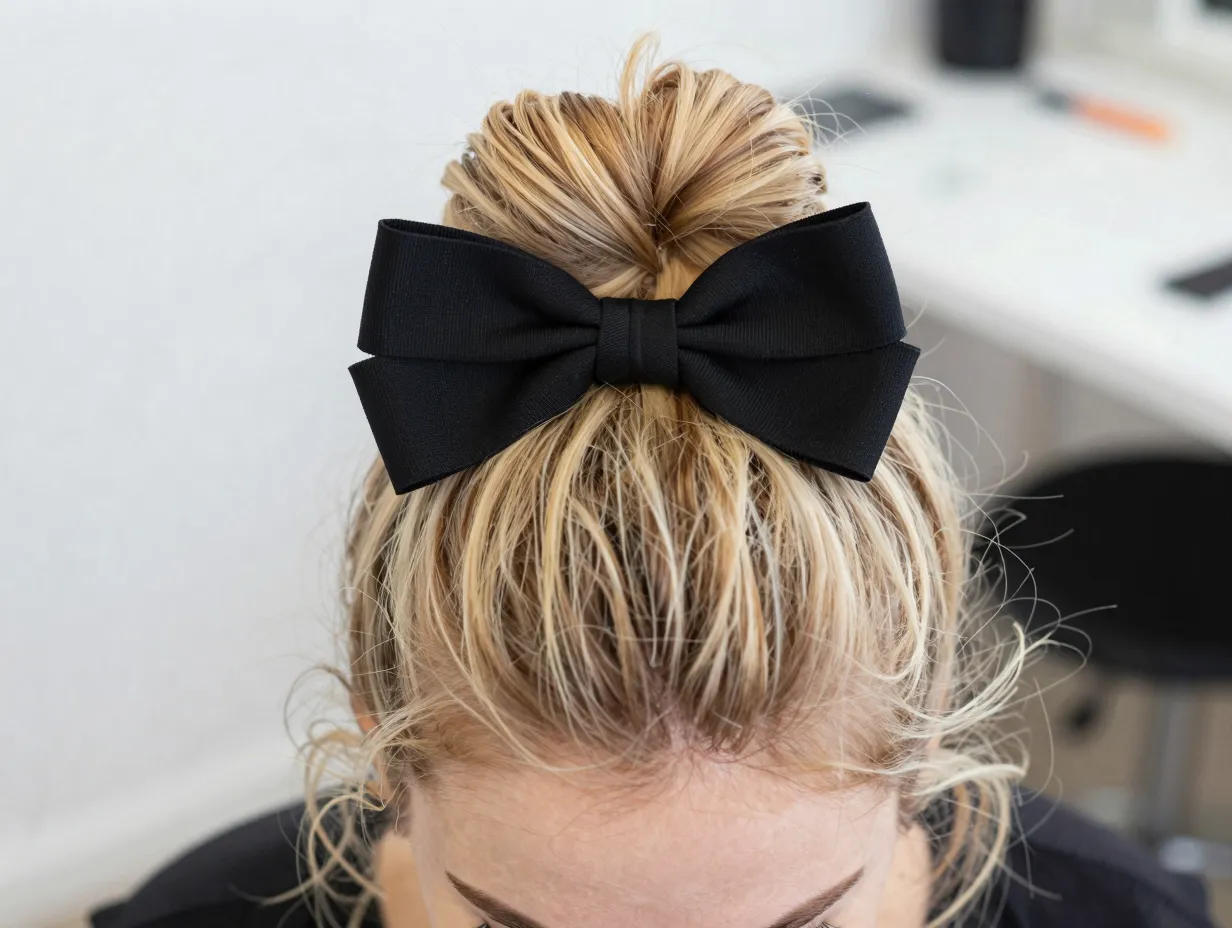Textured messy updo with bold black bow at crown