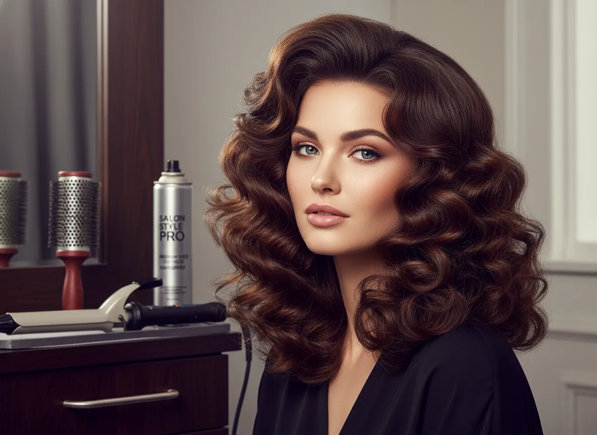 Voluminous curled blowout styled with round brush and curling iron
