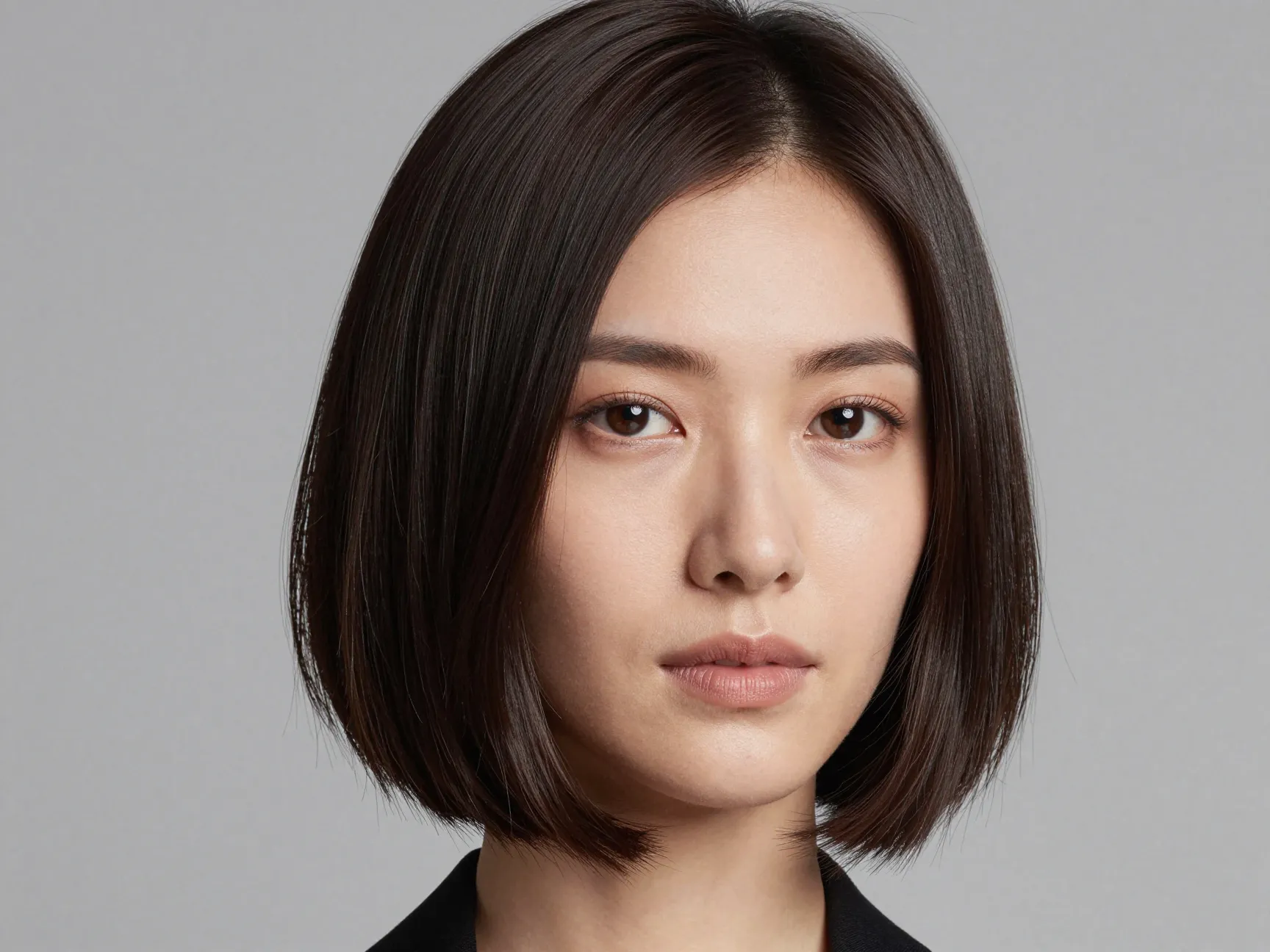A sleek layered bob with subtle cheekbone framing on a woman with thick hair