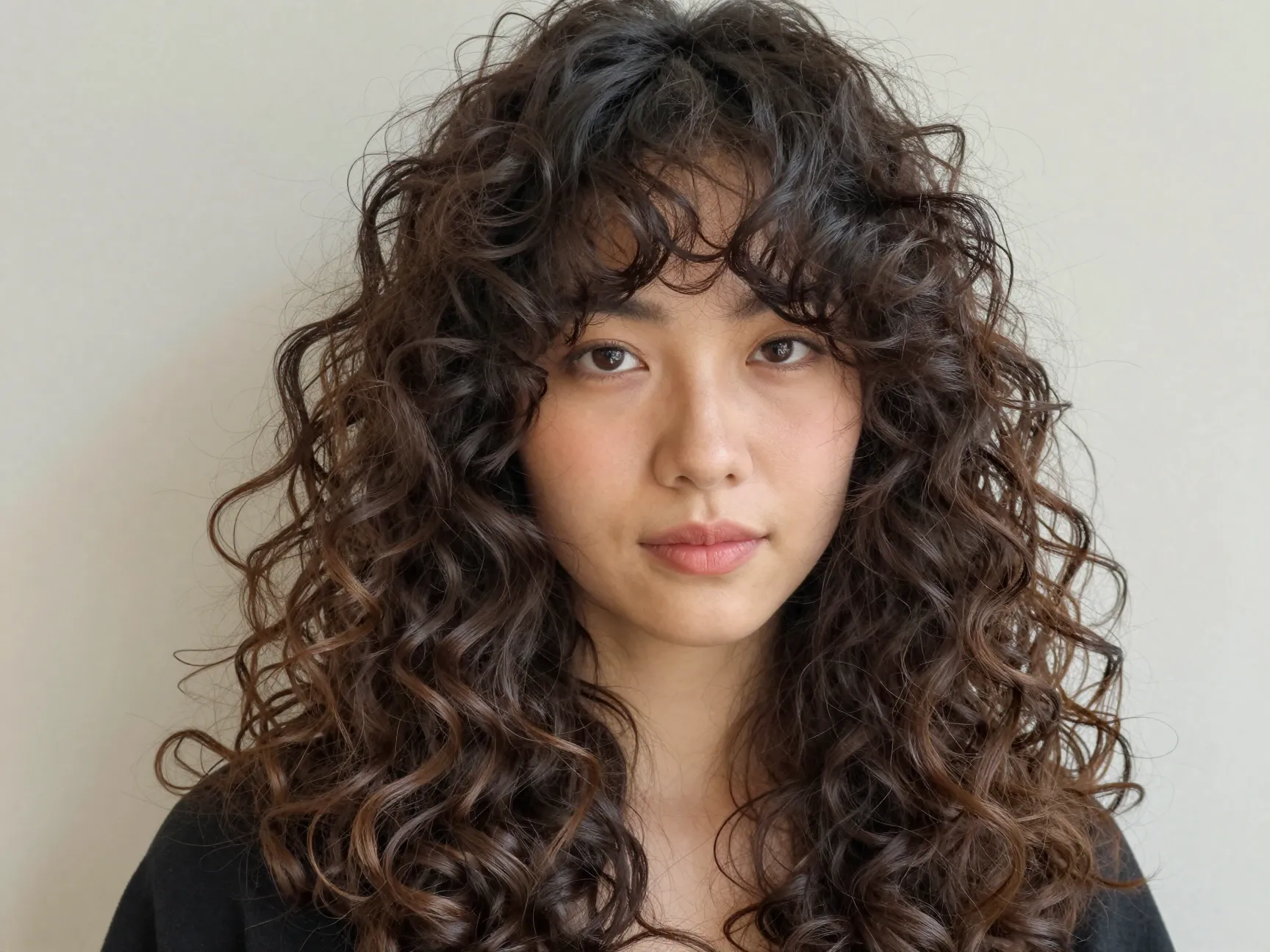 Curly butterfly cut with wispy bangs on type 3b curls