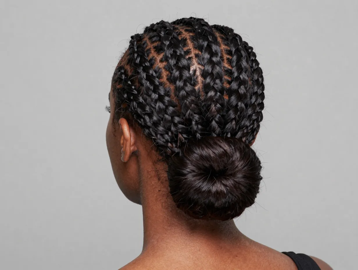 Elegant feed in cornrow bun at nape with seamless extensions