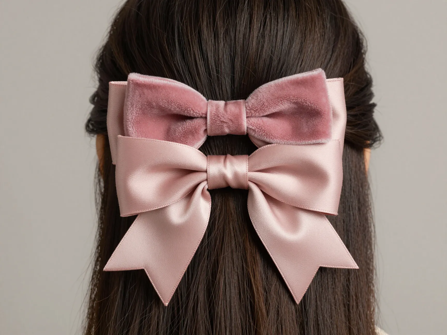 Half up hair with stacked tonal satin and velvet bows