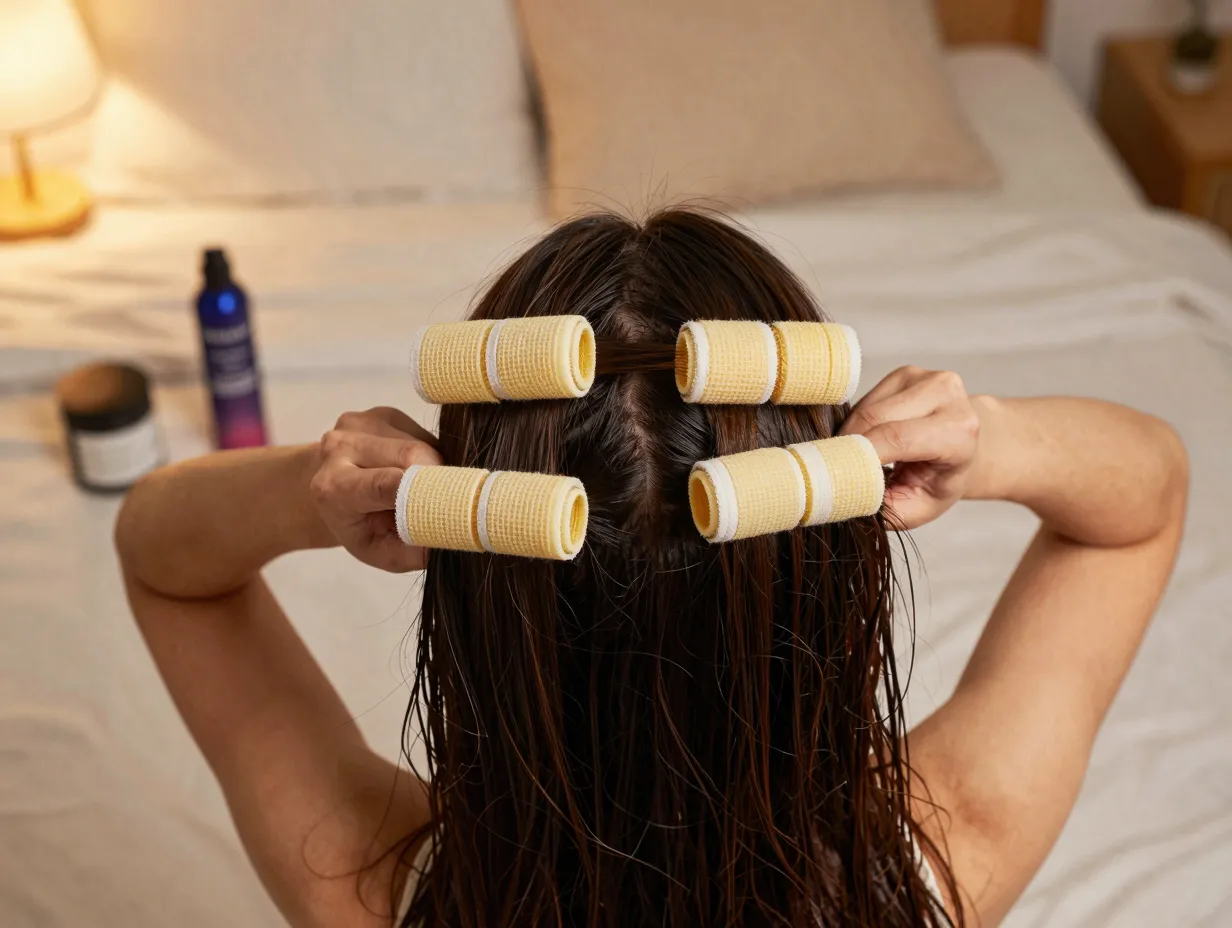 Heatless overnight curls achieved with fabric strips on damp hair