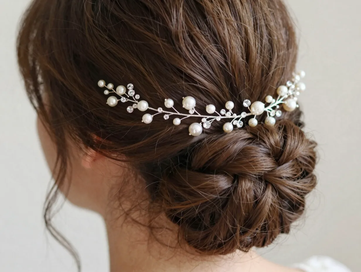 Romantic low chignon with delicate pearl and crystal hair vine