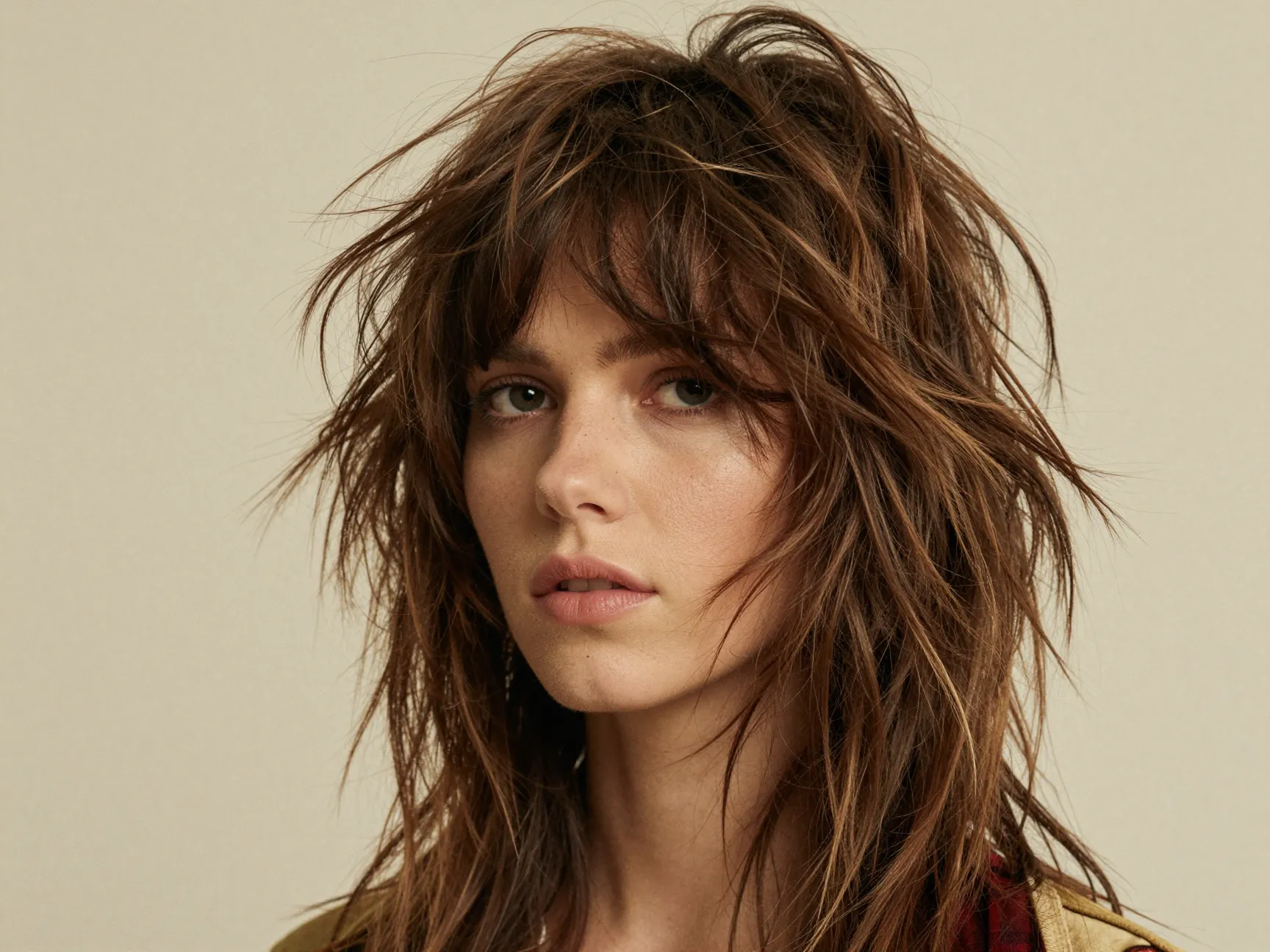70s inspired shaggy butterfly cut with disheveled bangs