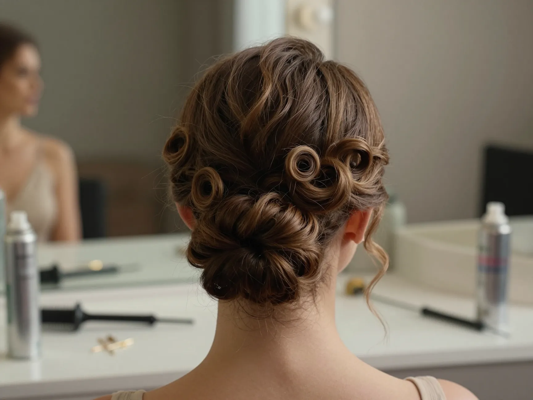 Elegant curled low bun updo with face framing spiral tendrils