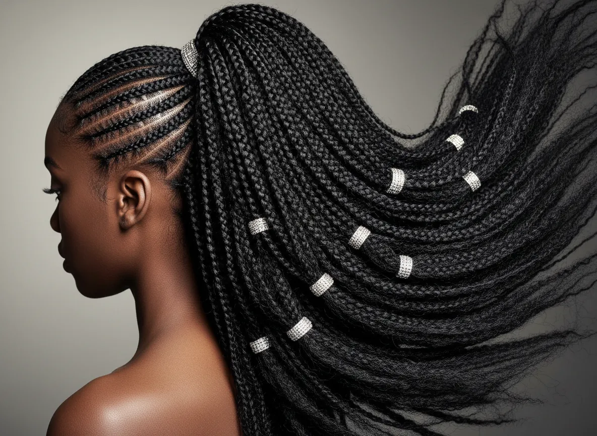 Geometric stitch braids into voluminous jumbo ponytail