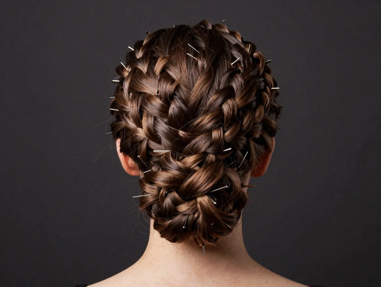Large intricate dutch braid twisted into a formal low bun