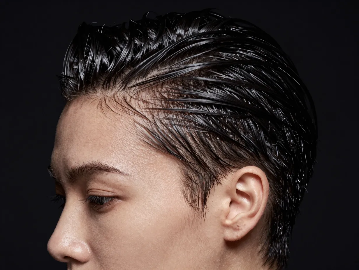 Sleek pixie slick back ultra polished wet look short hair