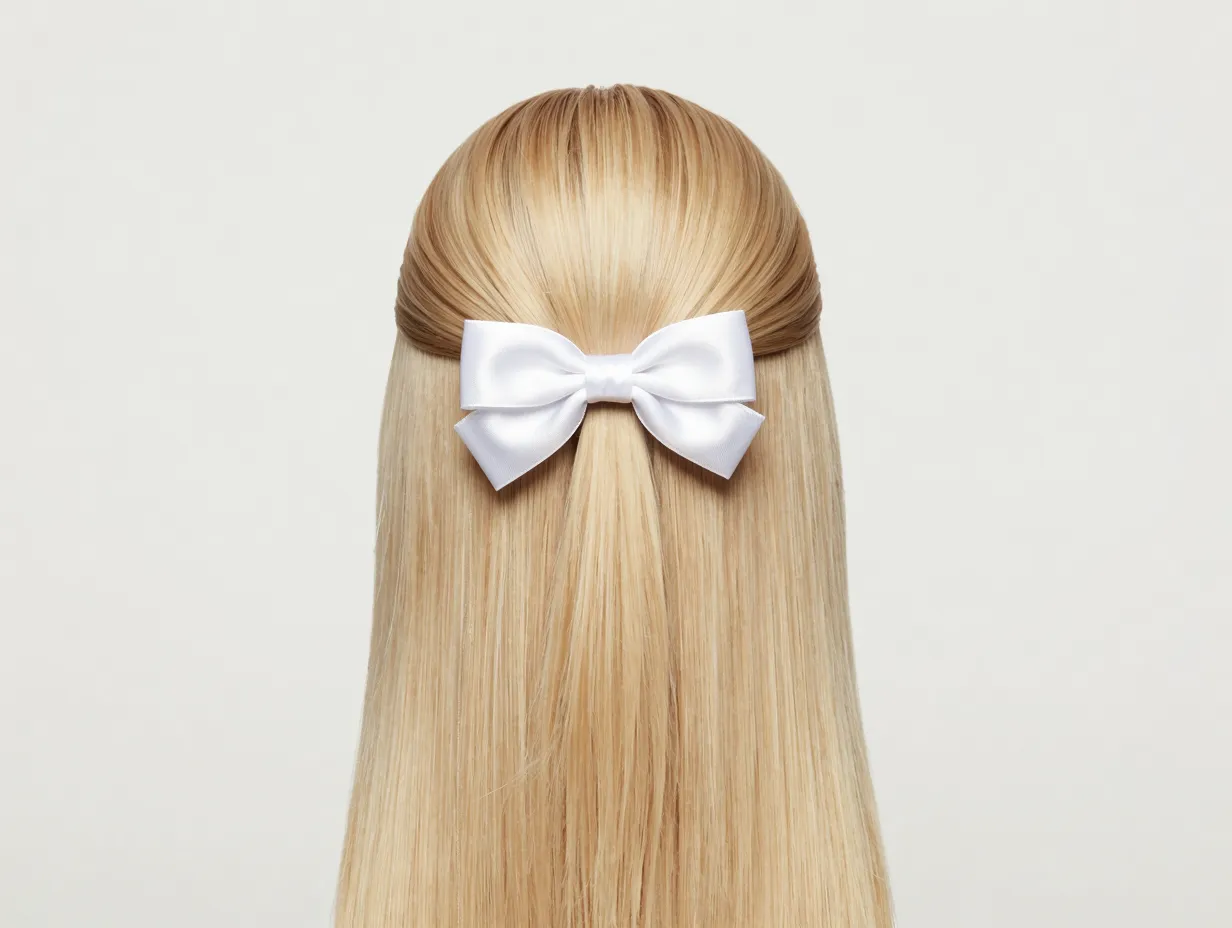 Sleek straight hair with single white satin bow at part