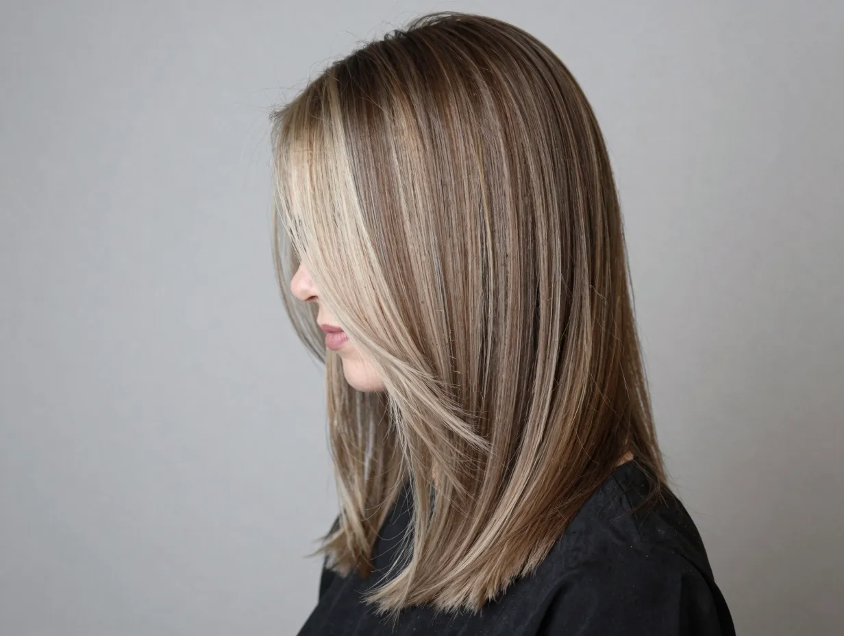 Warm ash blonde money piece on chocolate brown hair