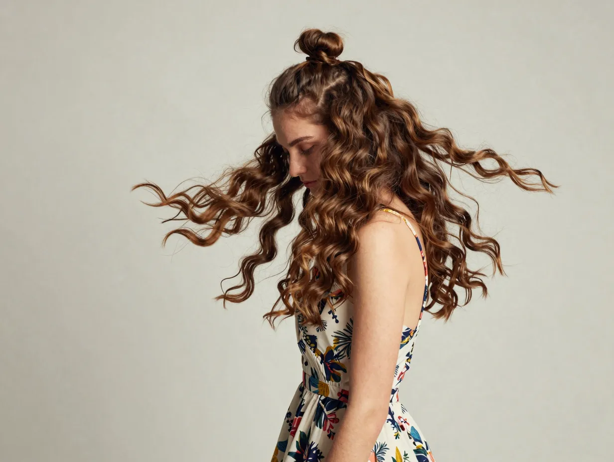 Messy bun with loose textured waves escaping playfully