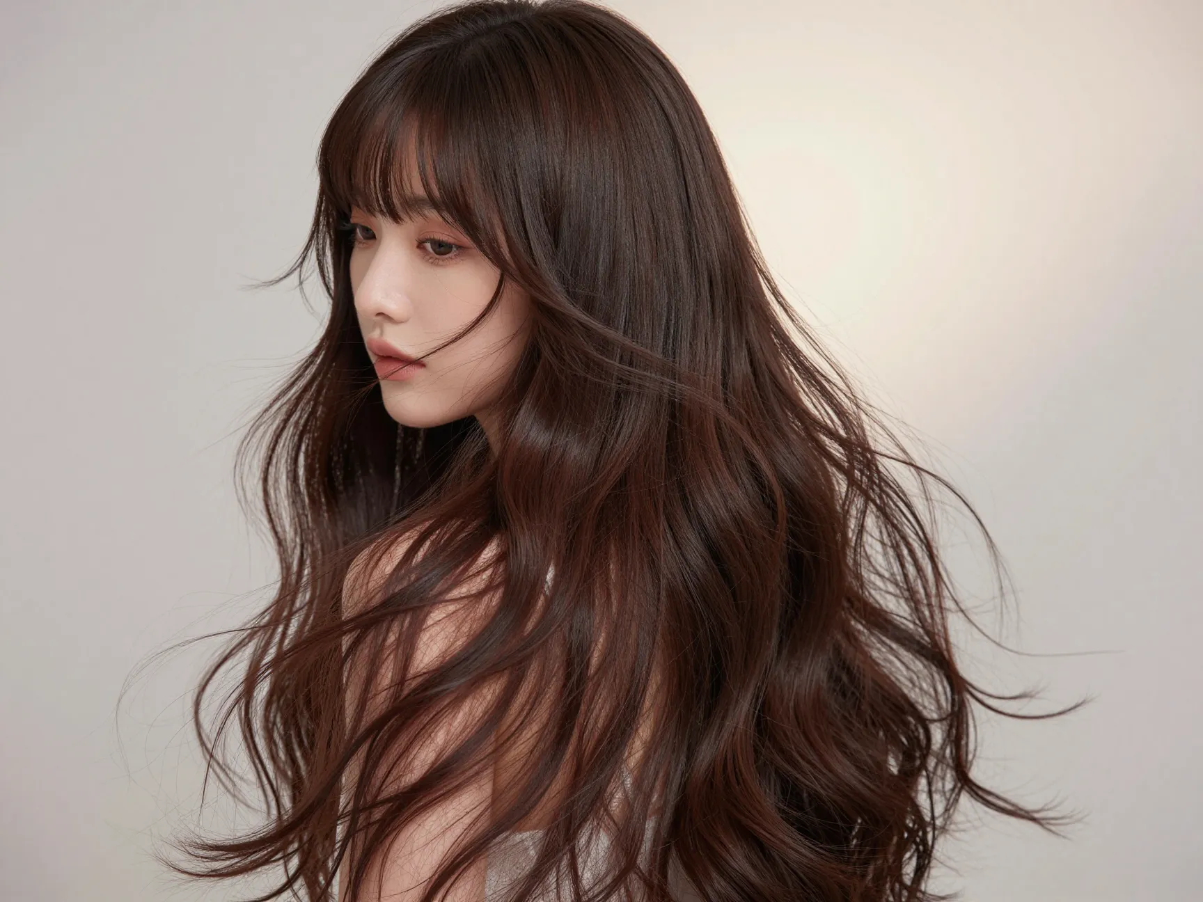 Romantic long butterfly cut with wispy side parted bangs
