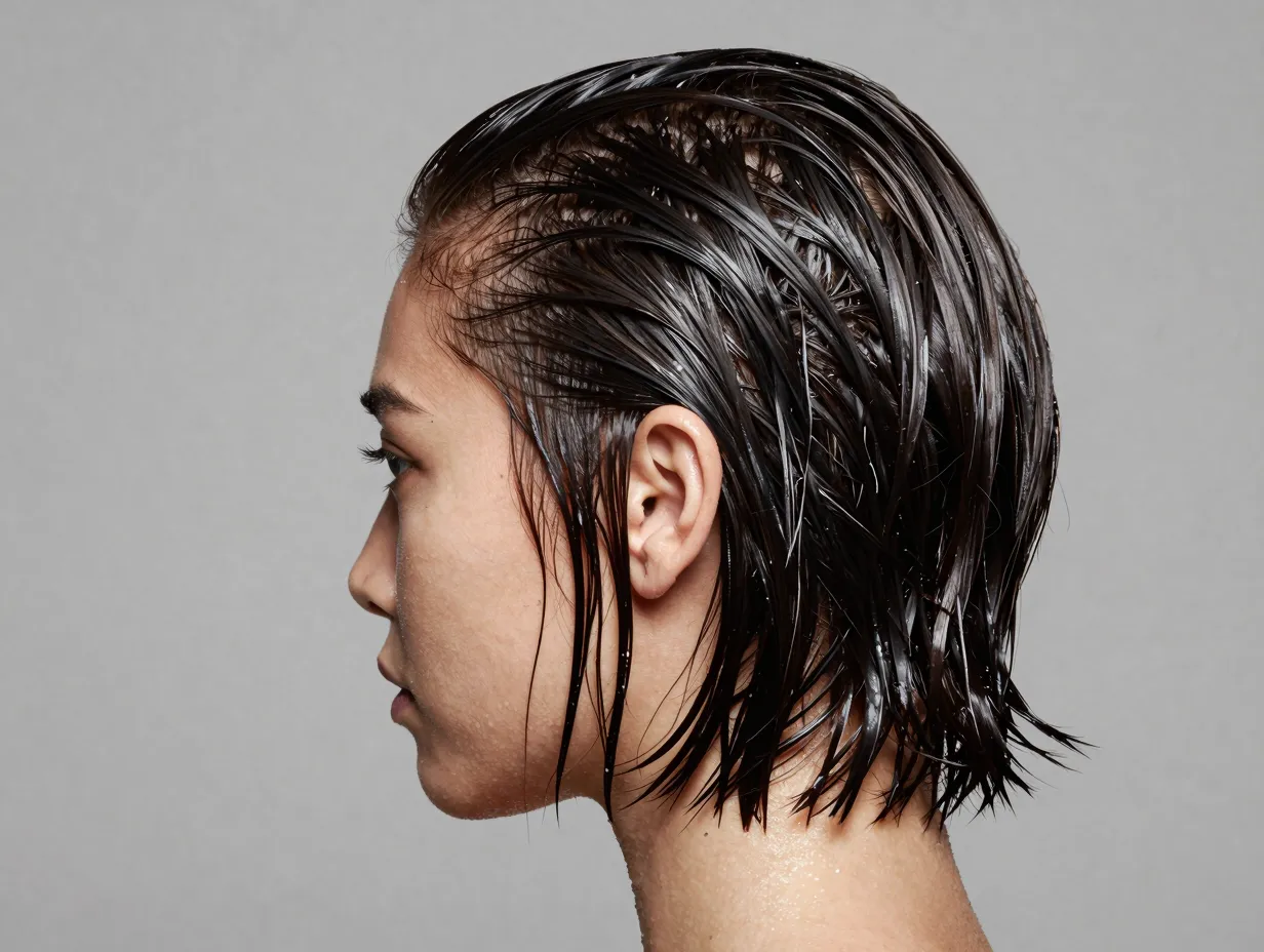 Wet hair aesthetic slick back glossy defined short bob
