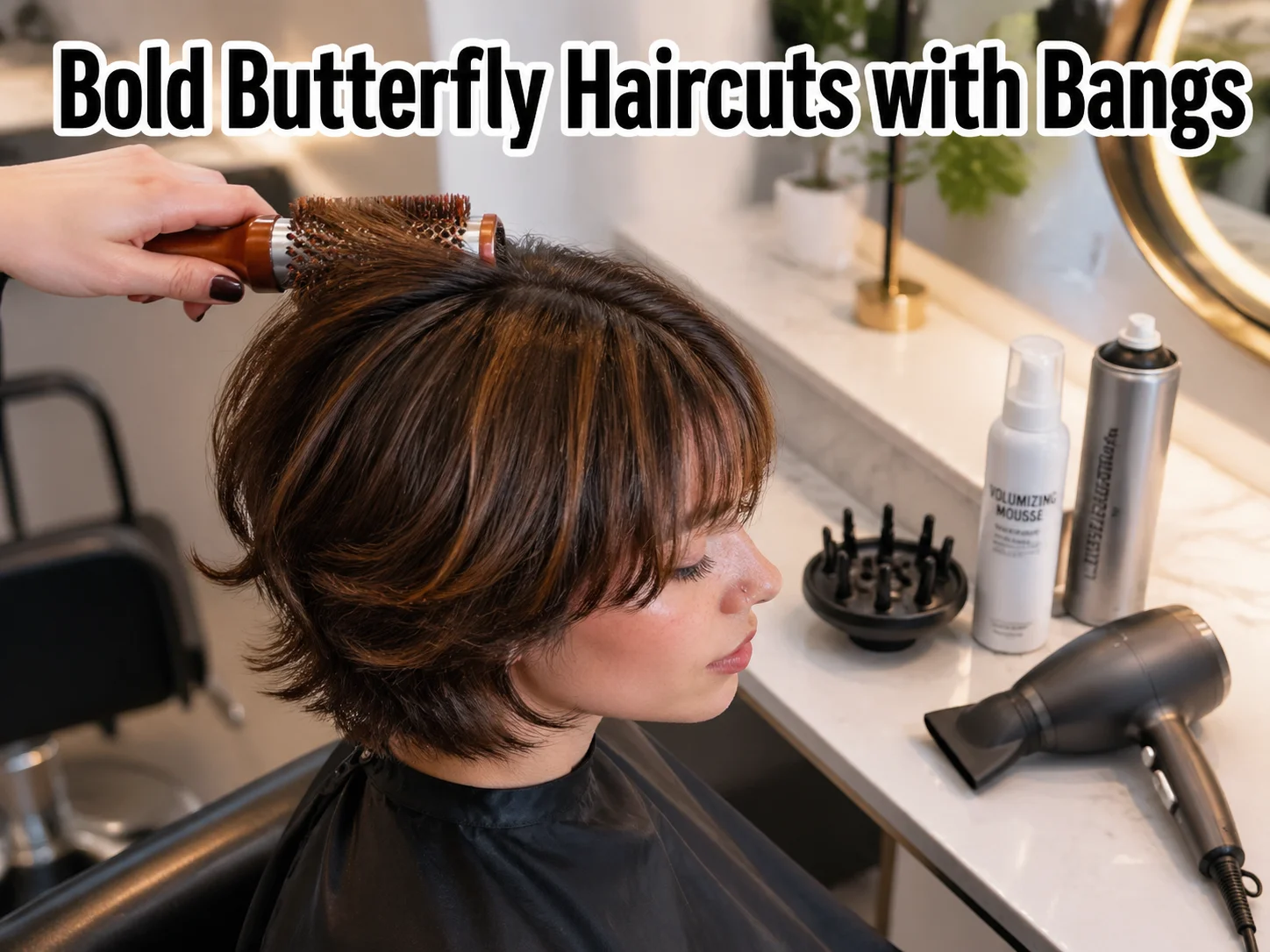Bold butterfly bob textured bangs round brush salon products