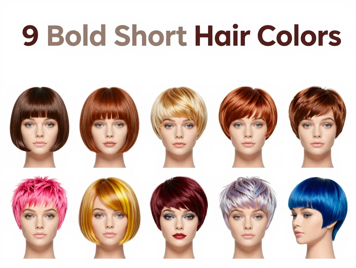 Bold short hair color flat lay grid nine vibrant styles
