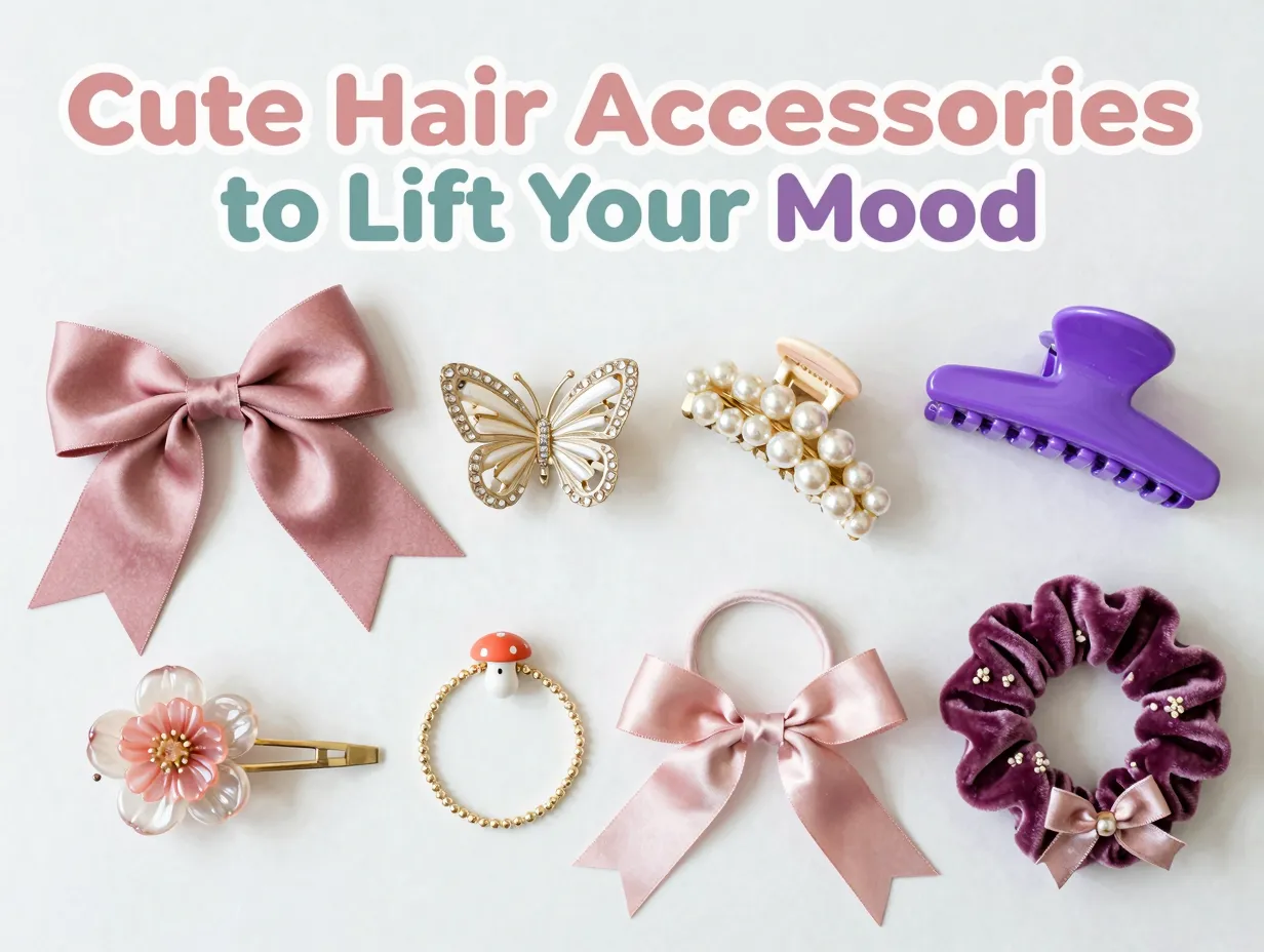 Flat lay dusty rose bow rhinestone butterfly pearl barrette purple claw clip velvet scrunchie floral pin satin ribbon gold chain mushroom clip