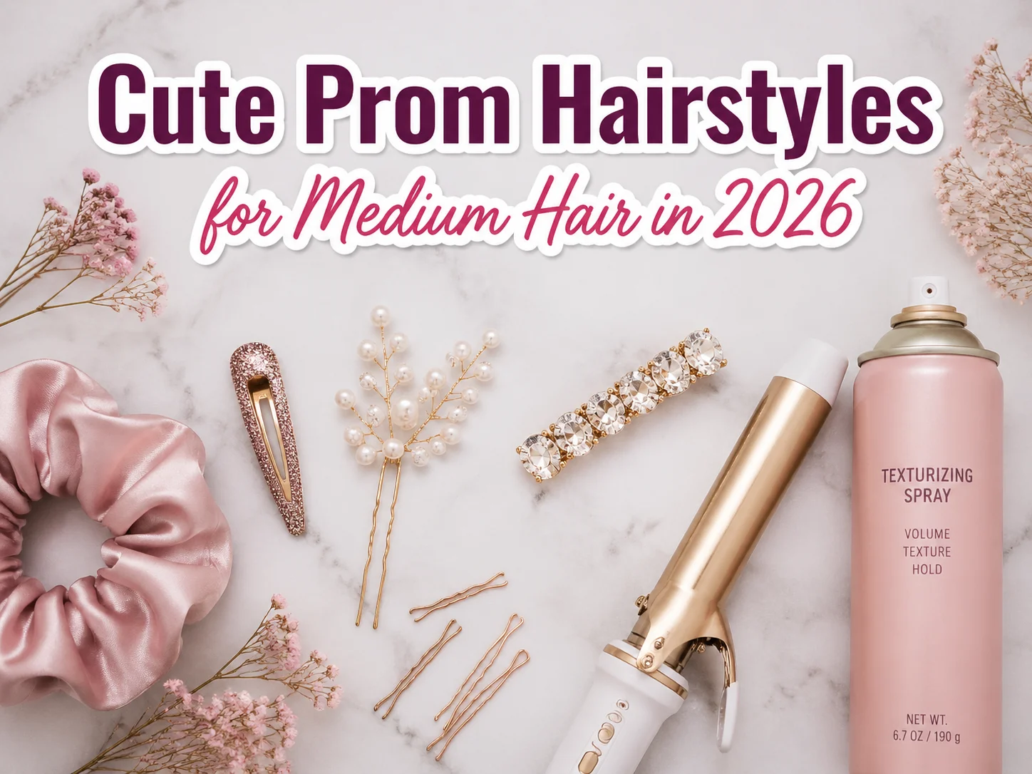 Prom hair flat lay accessories clips scrunchie curling iron marble